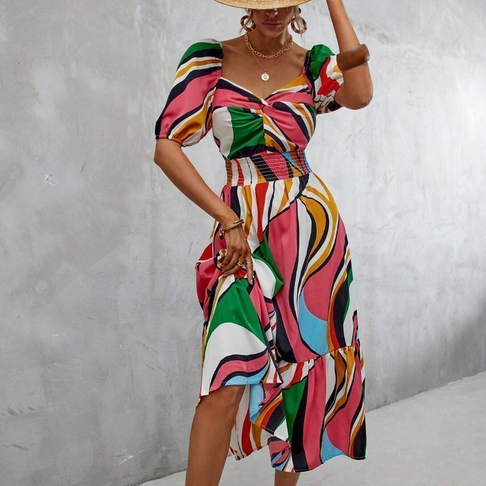 Contemporary Print Off Shoulder Ruffle Hem Dress - Picture 5 of 5